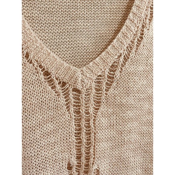 LA Made Linen Blend Small Sweater Crocheted Lightweight Blush Pink V-Neck - Picture 5 of 7